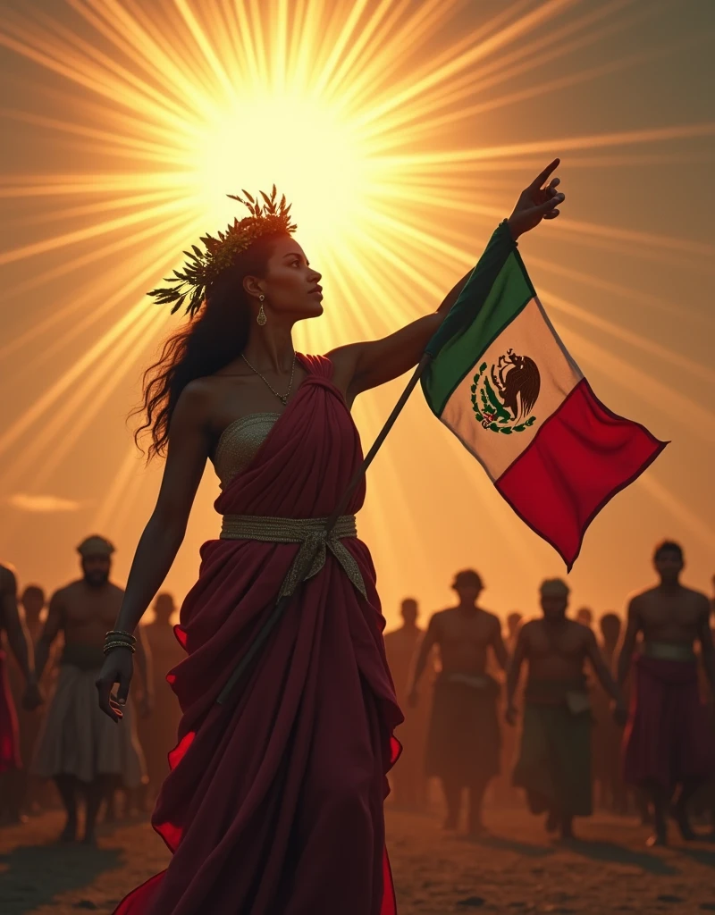A dark-skinned woman personified as the Mexican homeland with a laurel wreath on her head illuminated with sun rays holding the Mexican flag seen in profile pointing to the sky and below the woman many peasants walking towards battle.