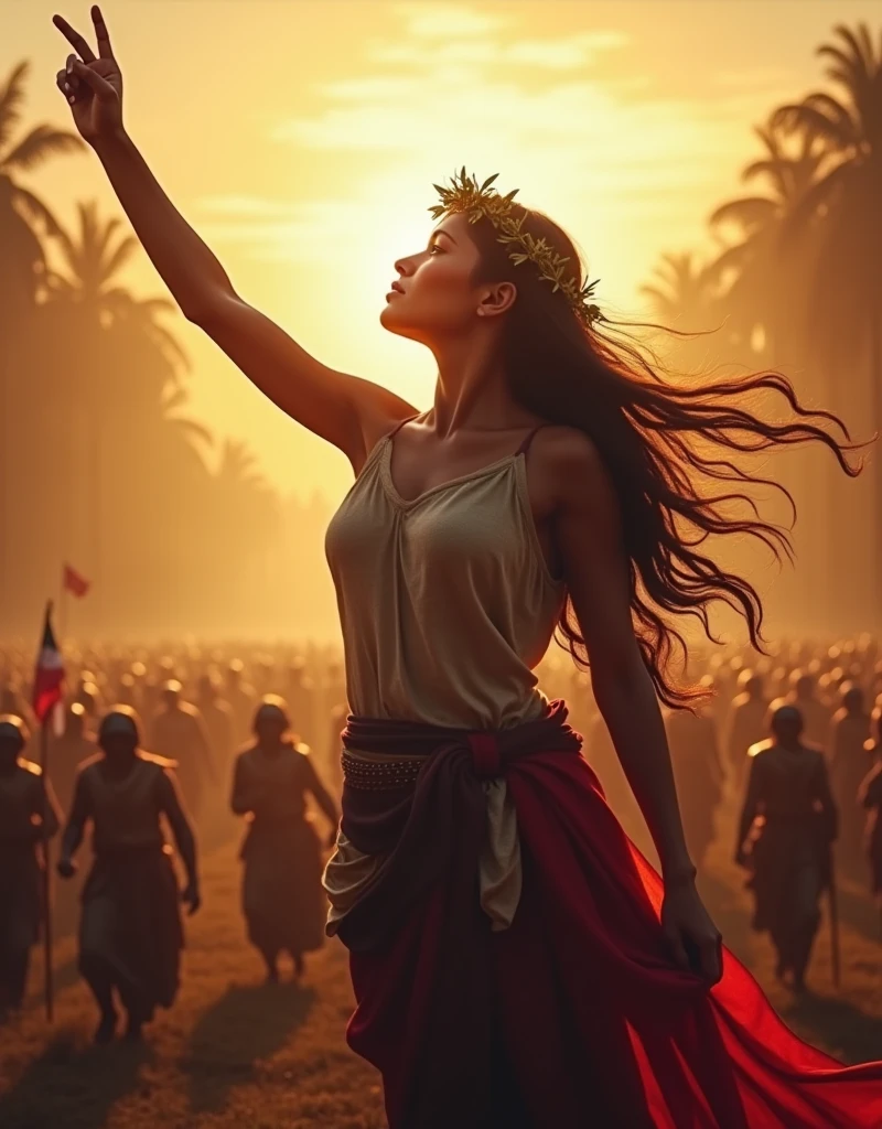 A dark-skinned woman personified as the Mexican homeland with a laurel wreath on her head illuminated with sun rays holding the Mexican flag seen in profile pointing to the sky and below the woman many peasants walking towards battle.