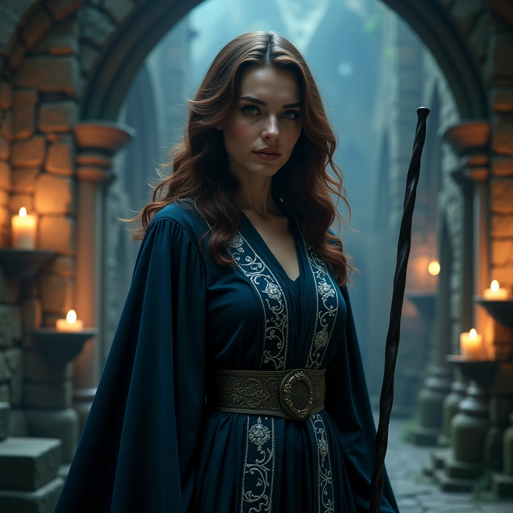 Create a detailed and semi-realistic female character inspired by the world of Harry Potter. The character is a 1 witch with a distinct magical aura. She has chestnut brown hair that falls in soft waves, and her eyes are a piercing green. She wears traditional wizarding robes in deep midnight blue, adorned with intricate silver runes that glow faintly. She carries a wand made of ebony wood. The background should feature a magical setting reminiscent of Hogwarts, with floating candles and ancient stone walls. The overall tone should be mysterious and enchanting, capturing the essence of the magical world