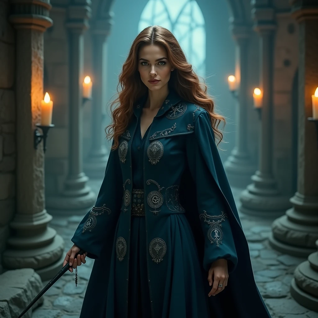 Create a detailed and semi-realistic female character inspired by the world of Harry Potter. The character is a 1 witch with a distinct magical aura. She has chestnut brown hair that falls in soft waves, and her eyes are a piercing green. She wears traditional wizarding robes in deep midnight blue, adorned with intricate silver runes that glow faintly. She carries a wand made of ebony wood. The background should feature a magical setting reminiscent of Hogwarts, with floating candles and ancient stone walls. The overall tone should be mysterious and enchanting, capturing the essence of the magical world