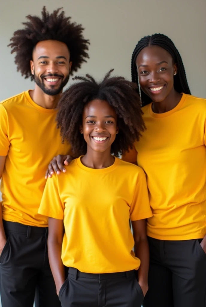 Une photo de famille de plusieurs agents de livraison africains très souriants, habillés en T-shirts jaune sans logo et pantalon .