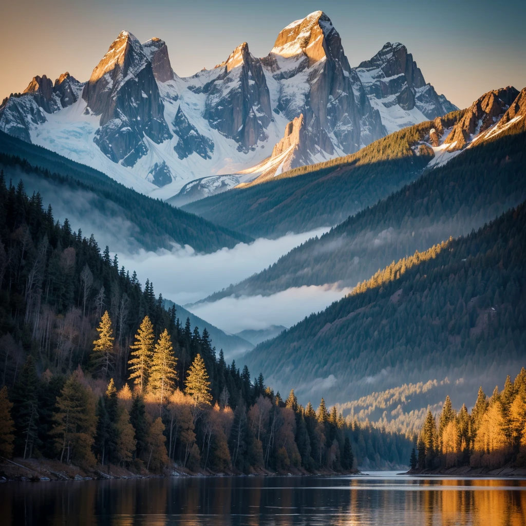A majestic mountain landscape at sunrise, where the natural elements subtly form the face of Jesus Christ. The outline of the face is visible through the contours of the mountains, with the ridges and valleys shaping the features. The eyes are softly suggested by a pair of small lakes, glowing with the reflection of the rising sun. The nose is formed by a tall, slender peak, while the mouth is gently indicated by a curving river. The beard is represented by a dense forest at the base of the mountains. The sky is filled with a golden light, casting a divine glow over the entire scene, enhancing the spiritual atmosphere. The overall image should feel serene and awe-inspiring, blending the natural landscape seamlessly with the divine visage."