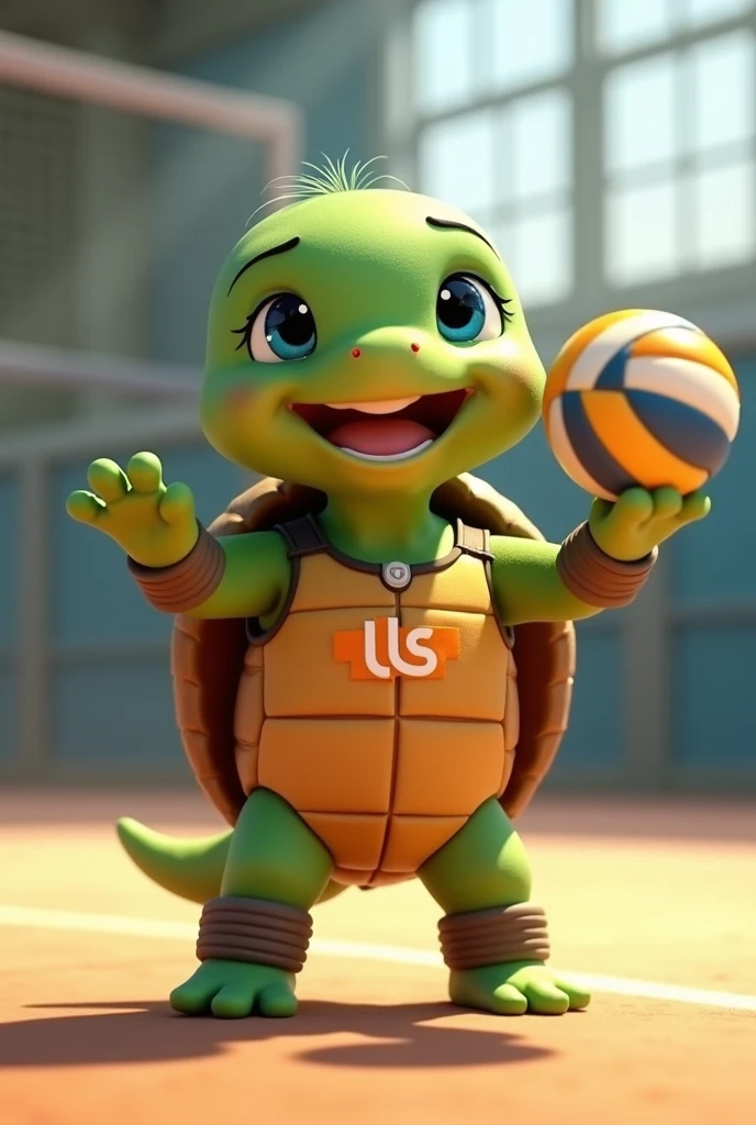 Waku, an adorable turtle with vibrant green skin and a rich brown shell, looks up with bright blue eyes shining with excitement, as if celebrating a triumphant spike, stands on a modern indoor volleyball court, prepared for volleyball training, wearing a small tank top with a stylized orange "LS" logo on the chest, her tiny tennis shoes tied up and ready for the next serve with a volleyball in her hands, a few strands of sweat-soaked hair sticking together to your front, capturing the essence of your joyful and competitive spirit, with soft, warm lighting that casts a comforting glow on the overall scene.