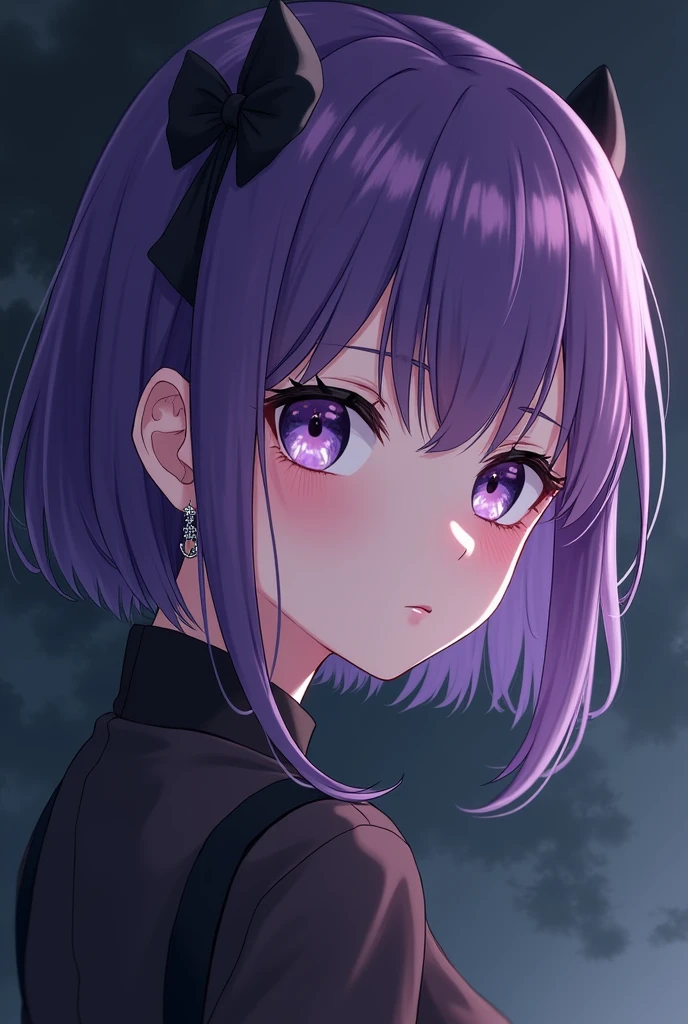 Anime alternative dark girl with hair purple
show a small piercing un the ear with form of butterfly hélix so shine and white of 5 mm (so small) in the ear