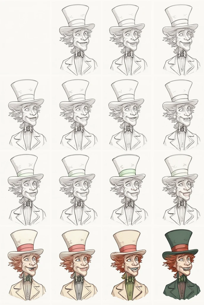 “Create an illustration divided into twelve boxes, each showing a stage of the drawing process of the Mad Hatter from Alice's Adventures in Wonderland. El primer recuadro debe ser un boceto simple y el último recuadro debe ser una imagen fully detailed and colored. Make sure each box shows clear and distinct progress from the previous one.. The character must be in an eccentric pose, with his iconic tall hat that has the sign '10/6’. Here are the stages:
1. Box 1: A very basic initial sketch of the Mad Hatter, using only simple lines and shapes to define the head, the body and the hat.
2. Box 2: Add more details to the sketch, like the structure of the body, the general shape of the hat, Arms and legs, but without fine details.
3. Box 3: Define the shape of the face, drawing the position of the eyes, the nose and mouth, with a slight indication of his peculiar expression.
4. Box 4: Detail the hat, drawing the poster '10/6' and improving the shape of the hat.
5. Box 5: Complete the face, showing his eccentric expression, including the eyebrows, wrinkles and a mischievous smile.
6. Box 6: Detail the clothing, including the coat, the bow tie and the cuffs, and add lines to show the folds of the clothes.
7. Box 7: Draw the hands and add accessories like a teacup or teapot.
8. Box 8: Start applying the initial shading, adding depth and volume to the drawing.
9. Box 9: Continue with shading, increasing the contrast and giving more realism to the character.
10. Box 10: Apply the base colors to the entire character, including the hat, clothes and skin.
11. Box 11: Refine the colors, adding tone variations and first lights to give depth.
12. Box 12: Present the final image, fully detailed and colored, with the Mad Hatter from Alice's Adventures in Wonderland in his eccentric pose, with all