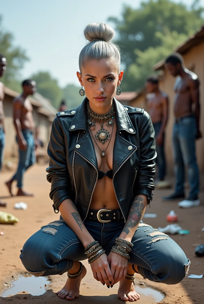 russian milf woman, grey  hair (top bun, shaved sides), colourful bandana as headband, with very light blue eyes, extremely pale skin. Wearing tight aged black moto jacket studded collar) with lots of zippers and pins, worn skinny dark blue jeans with patches, wet knees. Barefoot, with bracelets around ankles. Chain around hips like belts. Dirty knees, dirty feet and muddy hands. Wide studded belt. Lots of metallic bracelets, lots of boho pendants and lots of colourful beads collars. Long huge boho. Chains around the hips. Squatting on a puddle with hands on her hips, looking up, chin up, stretching her neck , humble facial expression. Bracelets in ankles and rings in fingers. Black nail polish. studded black leather tote bag with chain on the floor, next to her.. Listening looking up in amazement to somebody speaking to her from the sky, upper teeth visible. Well toned abdominals, thin neck, slim legs and thin arms. Narrow hips Cleavage, stomach, neck, tigh and hands completely covered with tattoos. Dirt street in Kenyan village full of waste. A lot of tanned shirtless fat men in jeans around looking at her. next to her, all her belongings scattered on the floor: tobacco packs, makeup kit, little makeup mirror, studded black leather tote bag, lipstick, wallet, moble etc on the floor