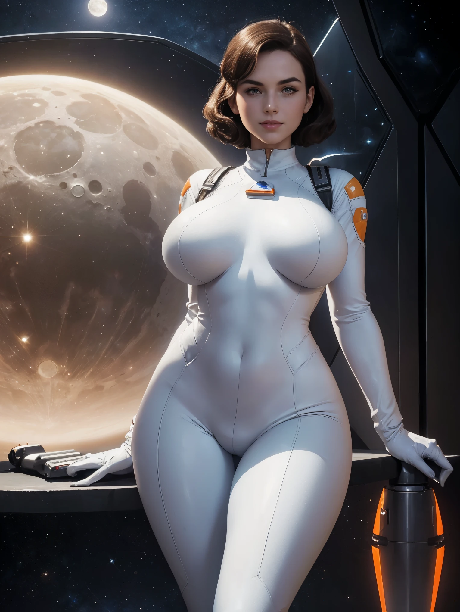 (masterpiece, top quality, best quality, official art, beautiful and aesthetic:1.2), (1girl:1.3), light freckles, fair skin, extremely detailed, portrait, looking at viewer, solo, (full body:0.6), detailed background, close up, (bright space pinup theme:1.1), busty 1950's pinup brunette space girl, charlatan, smiling, happy, mysterious, spacewalk, modest attire, white and orange space suit, spacesuit, helmet, bodysuit, ray gun, long boots, pouches, jetpack, glass helmet, rocket ship, ((((narrow hips, slim sexy body, medium breasts)))), slim waist, slim hips, long legs, futuristic (moon exterior:1.1) background, dark mysterious lighting, shadows, magical atmosphere, dutch angle,