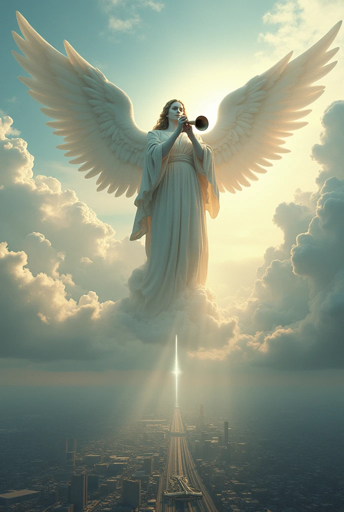 Create a giant and impressive angel playing a trumpet among the clouds and below a panoramic view of a horizontally growing city