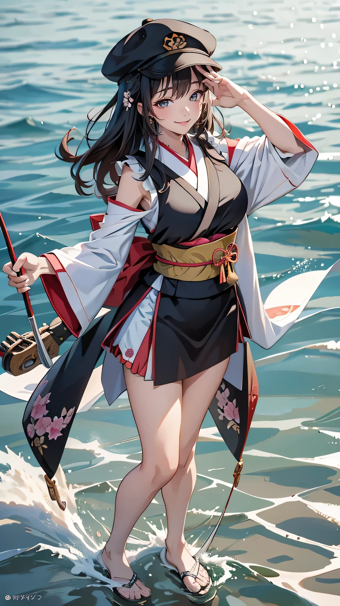 (Japanese manga:1.2),2D,detailed summary,highest quality,best picture quality,(amazingly absurd:1.2),(masterpiece:1.2),break,ultra high definition,attention to detail,high quality,high resolution,best quality,4k,8K,break,highlighting fishing rod and fish,summer breakwater,fishing girl,black vest,cap,break,closed eyes,big smiling mouth,big smile after catching a fish,angel smile,break,rod in left hand,fish in right hand