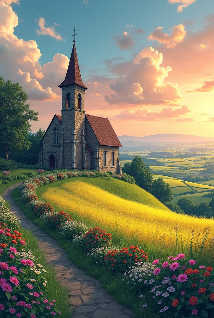 ((Produce a black and white manga style that captures the essence of a picturesque, scenic landscape. The image should be taken from high up, showcasing a wide view of the landscape, with the church made of stone and brick appearing prominently. The sky should be adorned with a beautiful sunset or sunrise, creating a soft, warm light that highlights the details of the landscape. The fields should be filled with green grass and lined with attractive and colorful flowers. This image should appear as natural and beautiful, resembling a work of art, rather than a mere photograph, with its high resolution and intricate details.))