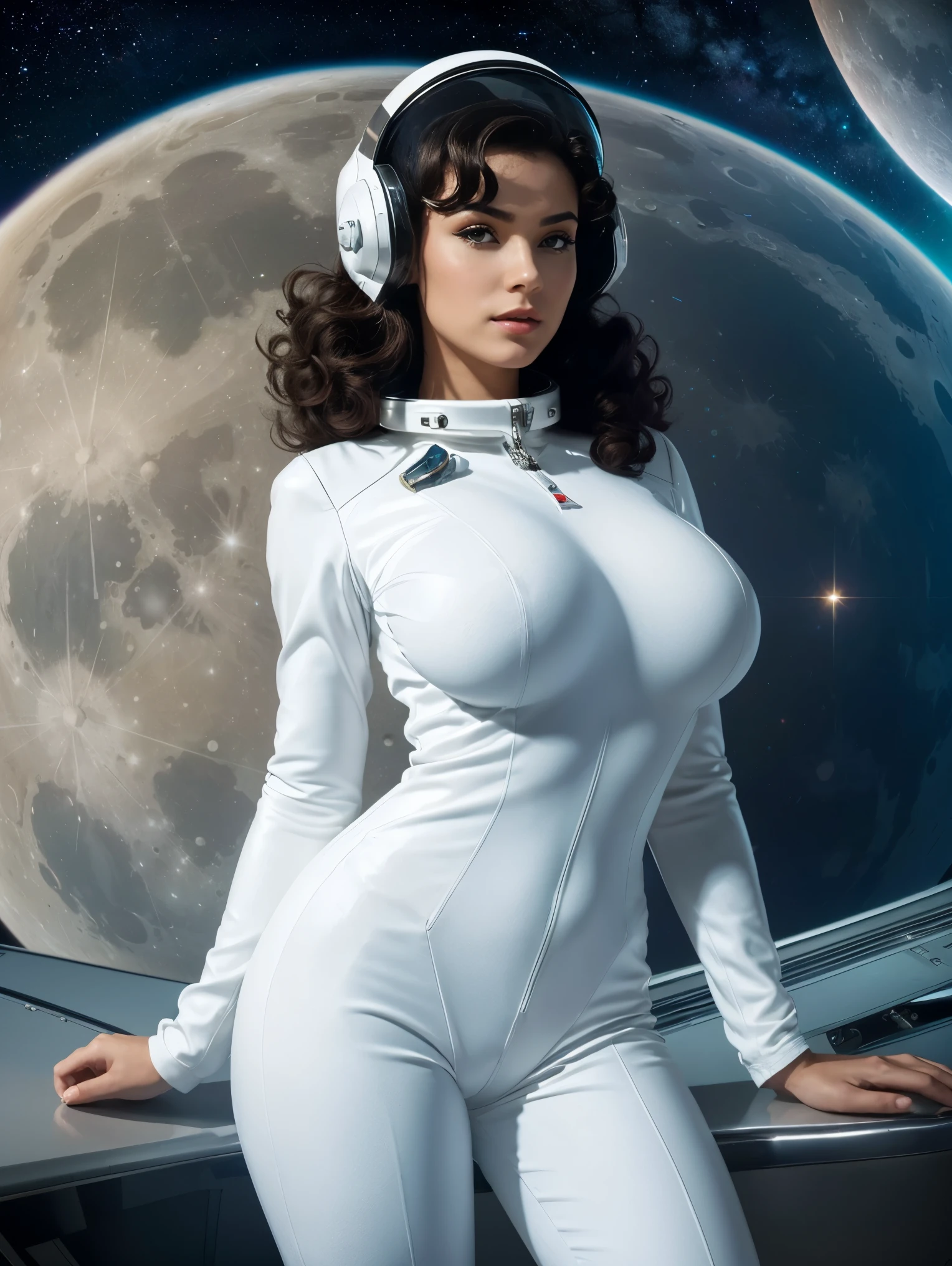 Gorgeous and sultry busty athletic (thin) brunette astronaut with sharp facial features wearing victory curls, white space suit, space helmet, spacesuit, bodysuit, ray gun, jetpack, spaceship, 1960's, space, lunar surface, moon, earth rise, Earthrise, space, stars