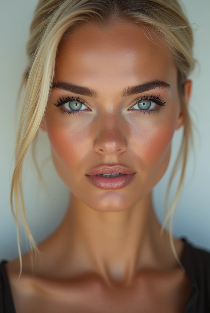 Create a close-up portrait of a 2 supermodel with remarkably symmetrical features. She has high, sharp cheekbones, a chiseled jawline and flawless, radiant skin. Her piercing blue eyes are intense and framed by perfectly arched eyebrows. Her full lips are naturally defined by a subtle sheen. Her sleek, elegant blond hair is styled to perfection, and she exudes confidence with a captivating, laughing gaze. The background is minimalist, focusing all attention on her high-fashion elegance and imposing presence.