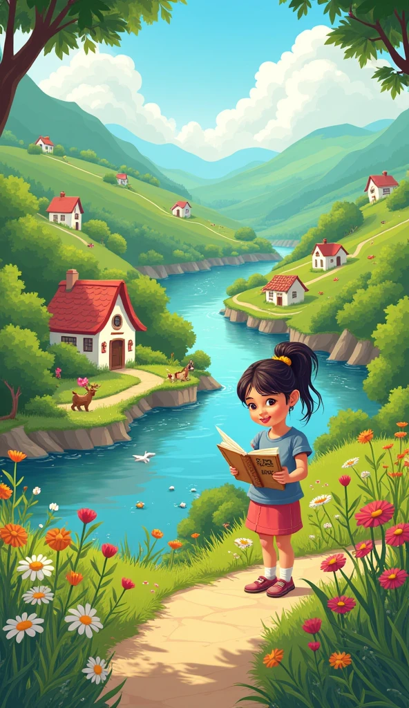 little village nestled between green hills and sparkling rivers, there lived a young girl named Lily. Lily loved to draw more than anything else in the world. Her sketchbook was filled with pictures of animals, trees, and magical lands that she dreamed of visiting one day."in cartoon style