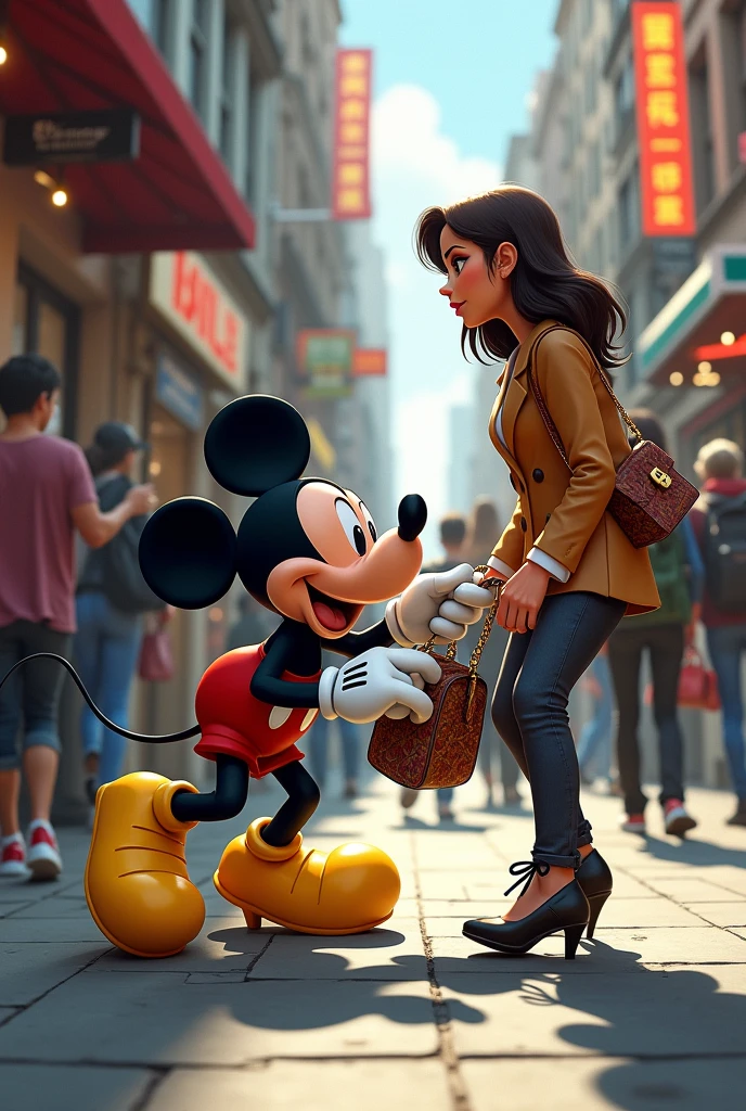 Mickey Mouse stealing a girl's purse