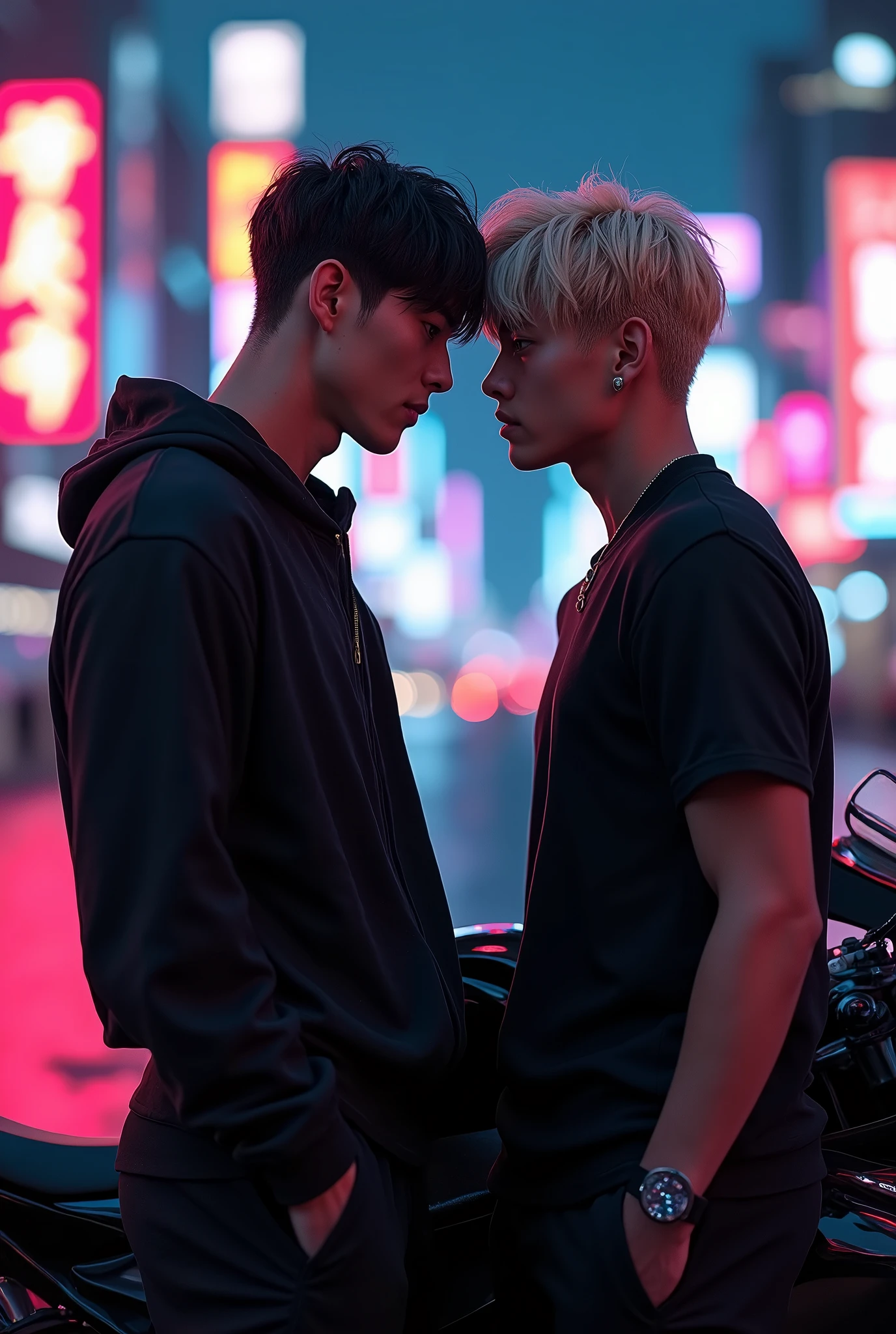 Photorealistic image of Kim Taehyung and Jeon Jungkook against the backdrop of a night city. They look at each other with passion and desire in their eyes.. Behind them stands a black sports motorcycle.. Both guys are wearing black clothes. Jungkook looks bigger and taller than Taehyung, and looks at him with a slightly lowered gaze. Taehyung has blonde hair