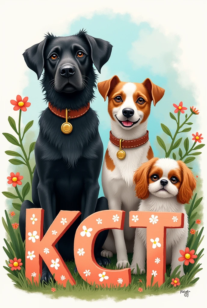 Drawing with the initials KCT and 3 dogs, one of which is black, the second is a small spotted mongrel and the other is a shitszu 