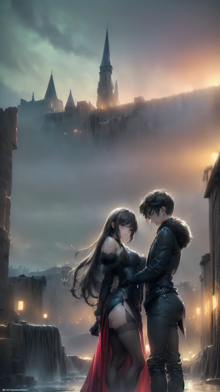 (a straight straight anime couple: 1.5, dark style, large eyes, Small pieces, fluffy black fur:1.5), (dark gothic, Victorian Gothic Steampunk Style:1.47), Dark, ambiente oscuro con decoraciones de calaveras 32K, Fairy tale: 1.4, camera cut: 1.4, ((dream atmosphere, soft light and magic:1.3)), ((imaginative scene)),((perfect, meticulously detailed.:1.3)), ((full shot: 1.4)), ((Best Quality)) , ((masterpiece)), 3D, (hyper detailed: 1.3), ((epic landscape: 1.3)), ((night background: 1.3 ))), (((the night:1.2))), (photorealistic: 1,4), ((Frontal camera)),( (Low light night cinema lighting: 1,2)). 32K.