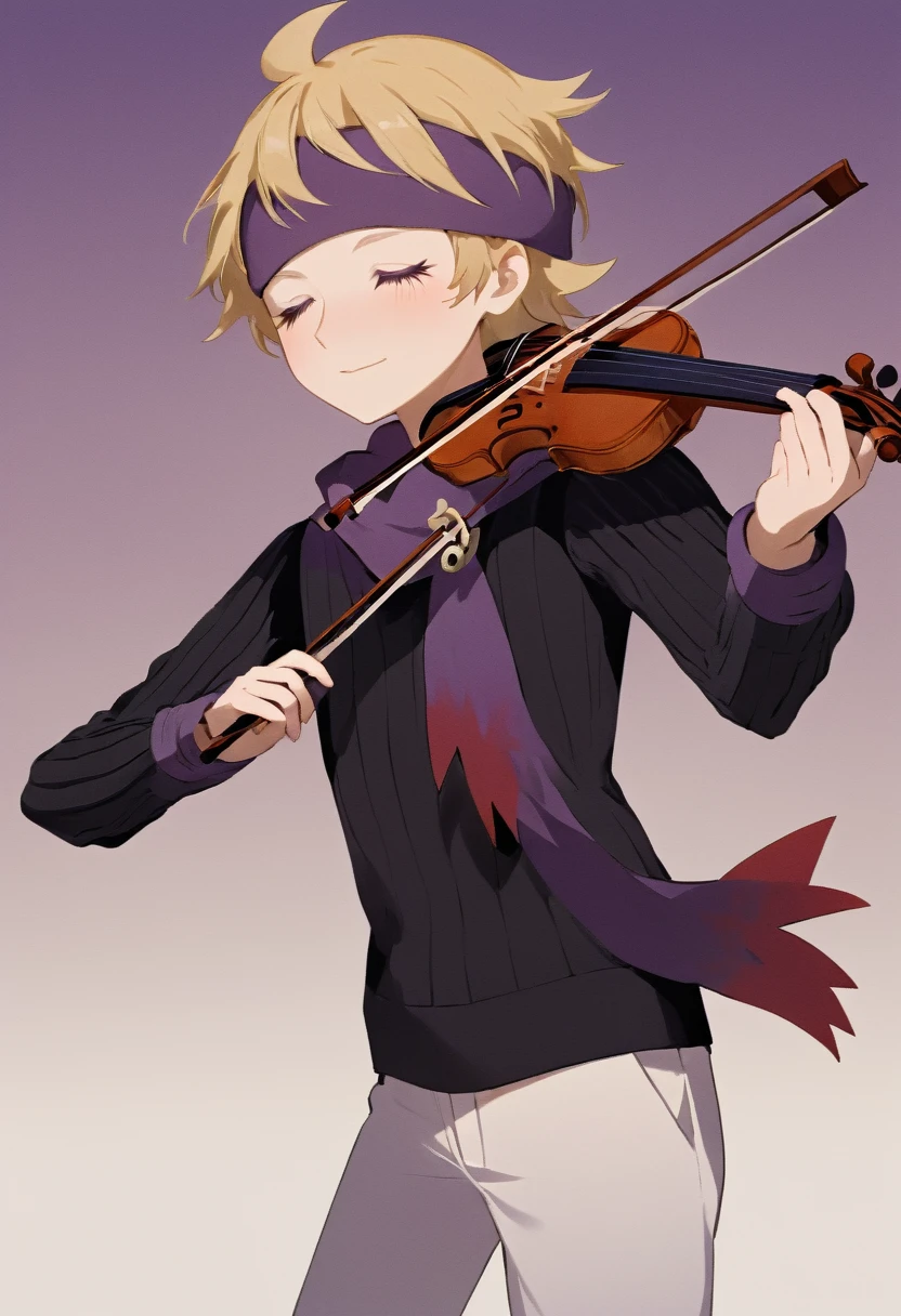 1boy, blonde hair, purple eyes, purple headband, purple scarf, black sweater, ribbed sweater, white pants, standing, eyes closed, soft smile, soft blush, headband, playing violin, head slightly tilted,  hair blowing in wind, scarf blowing in wind, mouth closed, smiling, calm, portrait, gradient background.