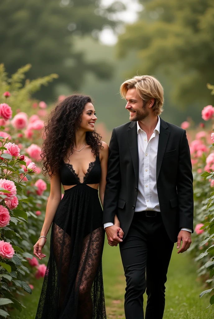 Photo:  une femme de 25 ans, la peau blanche, les cheveux longs noir boucle tombant en cascade sur ses épaules entourant un visage doux aux yeux marron emplie de joie. Elle porte une longue robe noir sexy en dentelle.  Avec elle un homme de 25 ans, ses cheveux mi long blond bien coiffé de entourant un visage aux yeux vert emplie de tendresse. Il porte un pantalon noir de costume et une chemise blanche. Ils se balade main dans la main dans une roseraie 