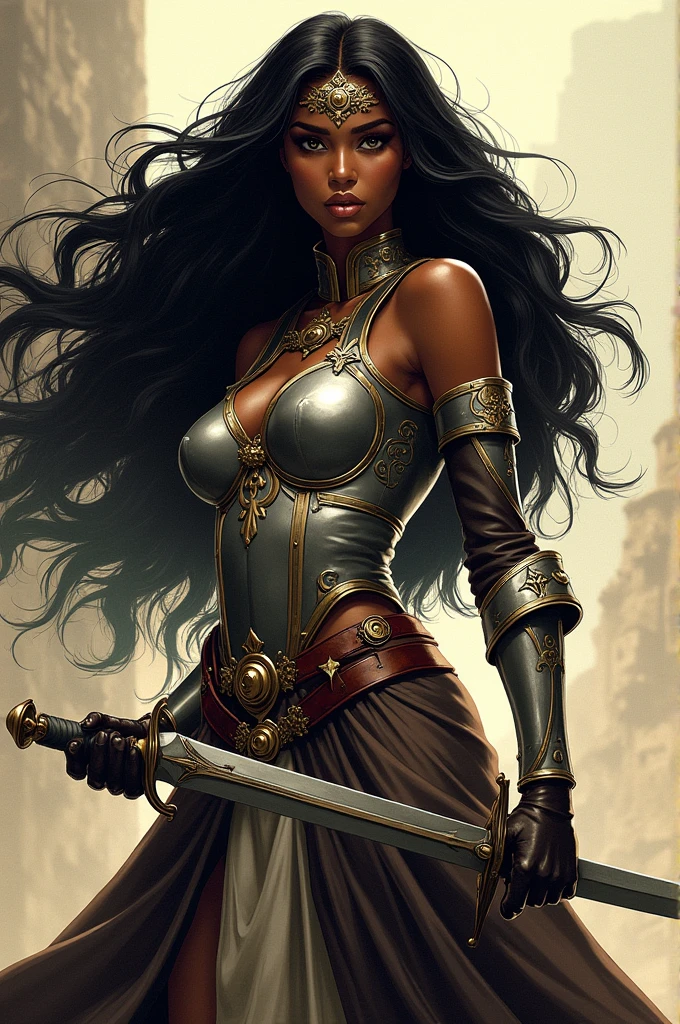 traditional comic book art D&D Black woman Warrior black hair long wavy hair armor short sword No background heroic poses Dramatic light and shadow Realistic detail