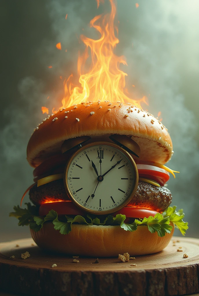 burger with a burning clock