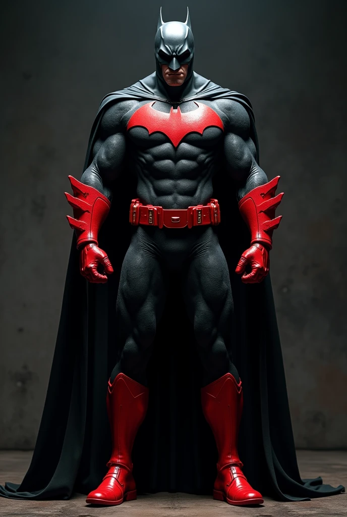 Batman in red boots, black pantaloon, red gloves without cape black forearm 
