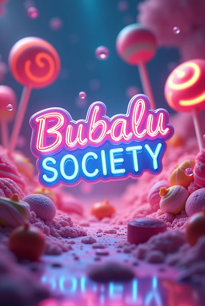 Logo with name “BUBALU SOCIETY” IN 3D with candy and sweets background in neon color, holographic and fantasy type.
