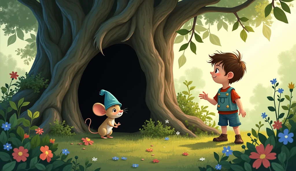 Fantasy illustration of a boy and his friend a little mouse wearing a little blue hat. They found an old tree in the garden with a mysterious hole in the tree.