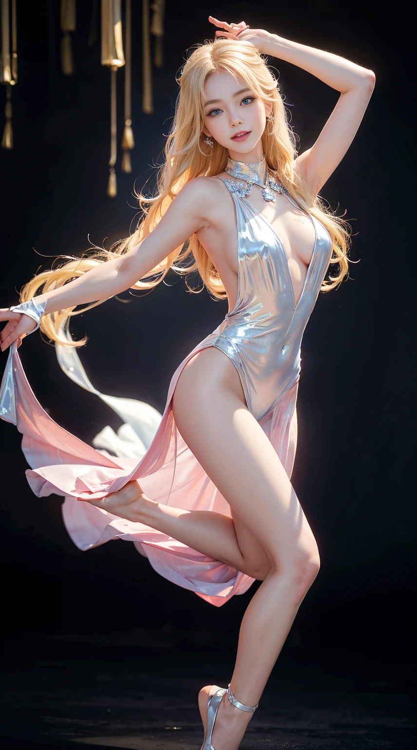 1 Girl (looking at viewer) (low-angle view) arms up,slenderbody ((dance costume,winered)) barefoot (hand nail pink) (foot nail red) fullbody (natural smile) sole (highest quality、High resolution、masterpiece:1.3) natural smile、Super detailed High resolution、High resolution HDR RAW photos、4K 8K、Unity 8K、wallpaper、very detailed、real、real person、photorealistic portrait photography、beautiful、detailed depth、fine-grained、very fine、perfectly focused、1、slender body shape、enchanting smile,(shiny skin:1.4),glossy skin,white skin, fair skin, an extremely delicate and beautiful pale skin finely detailed skin (light blonde spiral curl hair) Beautiful face、Intricate details exquisitely expressed in the texture of the face and skin,(blue eyes:1.2),fine eyes、sexy pose、earring、(double eyelid:1.2) in dance party 