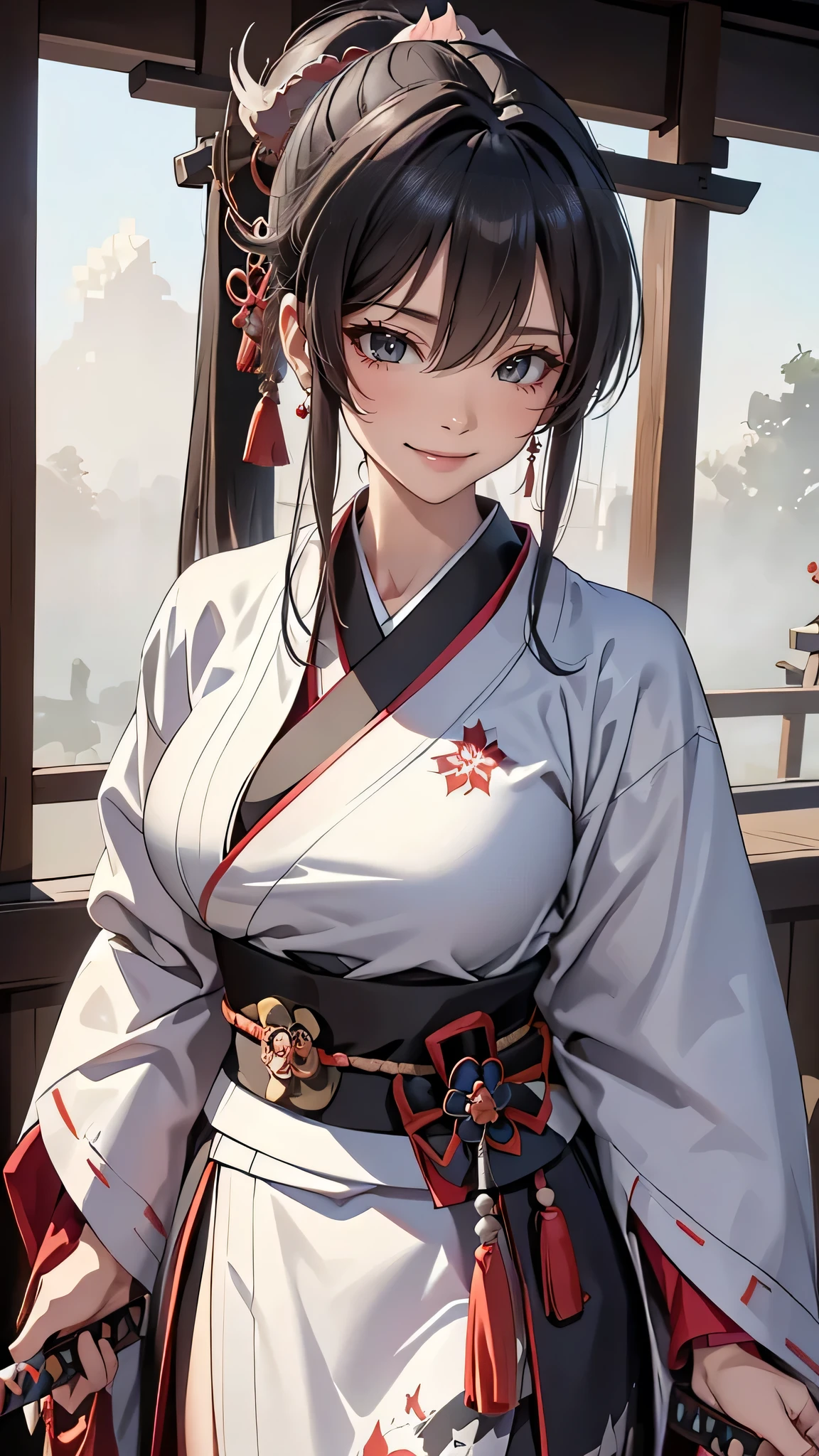 The enigmatic samurai woman (Musashi Miyamoto) wielding a long Japanese sword, Splitting with each powerful slash、Enveloped in the mist that obscures vision, Revealing a vivid and otherworldly scene, The clarity of the sword's slash against the hazy background, Mysterious Background, The fox's sharp gaze meets the viewer's, A layer of ethereal mist shrouding the foreground, Piercing, clear eyes, An exquisite and detailed kimono, Dramatic lighting and colors