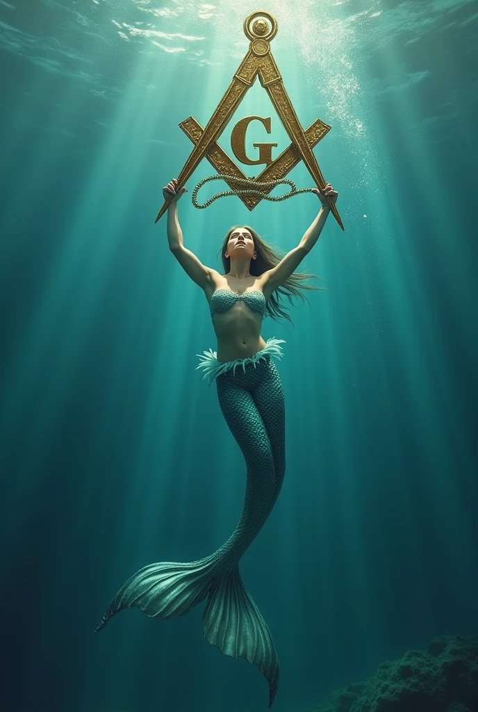 Create a full-color image that represents the Masonic square and compass rescuing a beautiful mermaid from the sea who has half her body down., transparent through the water and the upper half of the body above the water, with her hands raised holding on to the square and compass with the letter G that comes to her rescue.