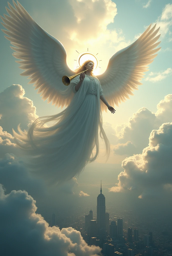 Create a giant and impressive flying angel, playing a trumpet among the clouds and below a panoramic view of a city of horizontal growth
