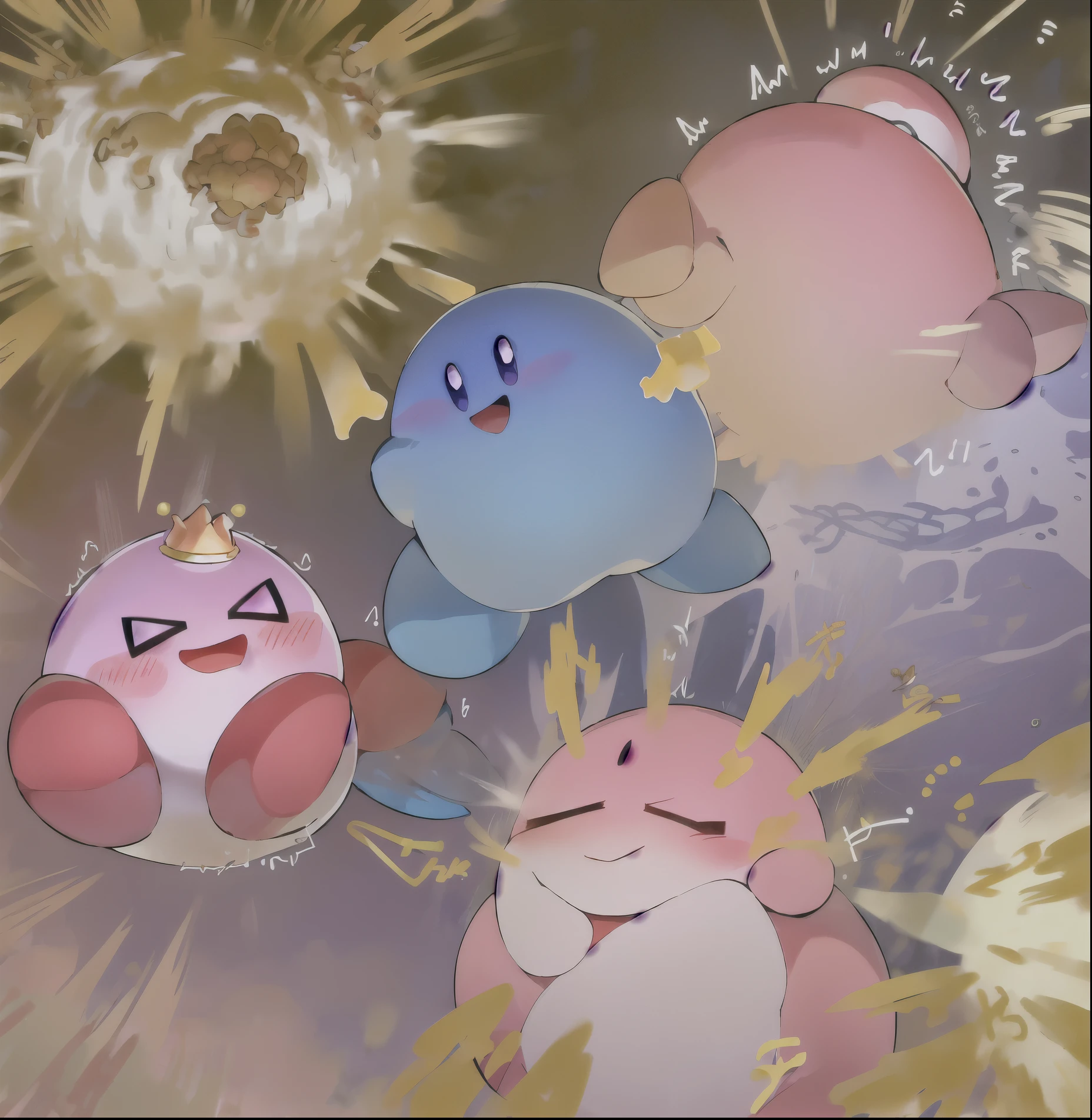 4K,Kirby,巨大的Kirby将小小的城市踩在脚下,((((fart)))),Huge amount of stinky fart fog,Lovely,Smiling blushing,Kirby圆圆的粉色身体,Kirby的巨大的屁股,The city was blown by gas,Destructive Diagram