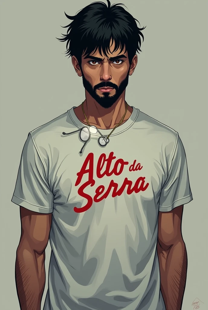 Mature 20-year-old man without expression lines with a mysterious expression, black short hair, with medium black beard and brown eyes with reading glasses hanging on his shirt wearing a white summer camp t-shirt with Alto Da Serra written in red and a flashlight in his hand, half dark academia, Estilo da DC Comics, imagem sem fundo, dc comics style