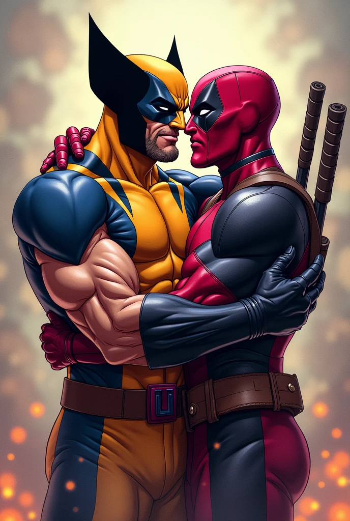Wolverine comic and Deadpool hugging in purple suit both
