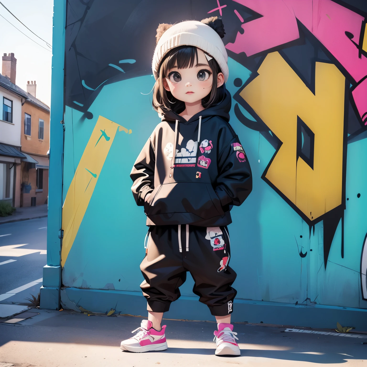 Alley、(Super detailed)、(8k)、((Hip Hop Fashion))、(Graffiti wall)、(Esbian full body)、(Highly detailed face)、(Detailed feet)、(Detailed instructions)、(Cold Face)、(Are standing)

