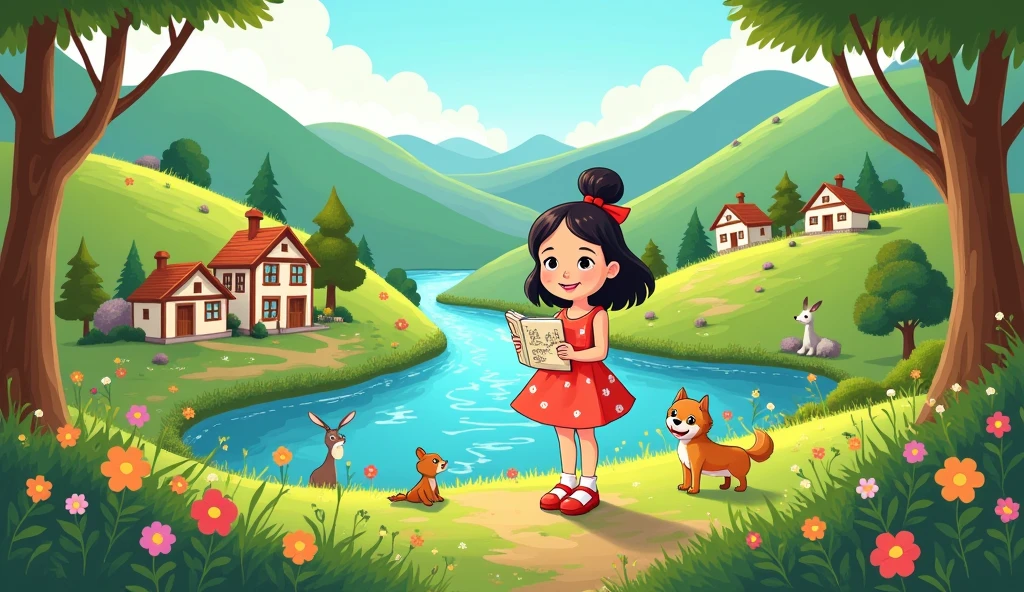little village nestled between green hills and sparkling rivers, there lived a young girl named Lily. Lily loved to draw more than anything else in the world. Her sketchbook was filled with pictures of animals, trees, and magical lands that she dreamed of visiting one day."in cartoon style