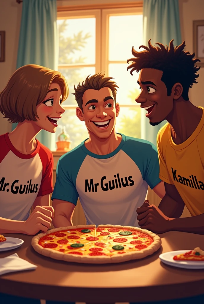 make a picture where 3 friends are together eating pizza. the first friend is white and has straight hair and is wearing a shirt that says MR GUILUS, the second friend has wavy hair, He is muscular and is wearing a shirt that says MR JAMES, the last friend is black, thin and is wearing a shirt that says MR KAMILLA