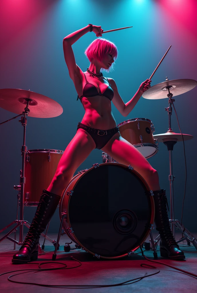 Woman in bikini • short pink hair • big black boots • drummer