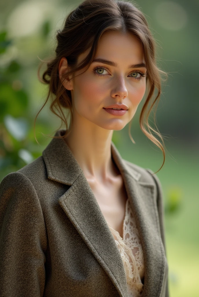 European woman model wearing tweed dress with lace blouse underneath and bow