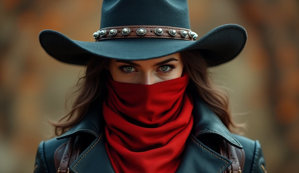 A captivating portrait of an enigmatic and shapely European woman lawman dressed in rugged cowboy attire. She dons awide-brimmed black hat adorned with silver ornaments and conceals her face with a bright red scarf, leaving only her intense, piercing eyes visible. Her dark jacket features intricate patterns, and a leather belt accentuates her bold image. The background is a mesmerizing blend of warm and neutral tones, evoking the rustic and tense atmosphere of an old western adventure., illustration, 3d render, fashion, dark fantasy, photo, anime, poster, vibrant, cinematic, painting, wildlife photographyLess