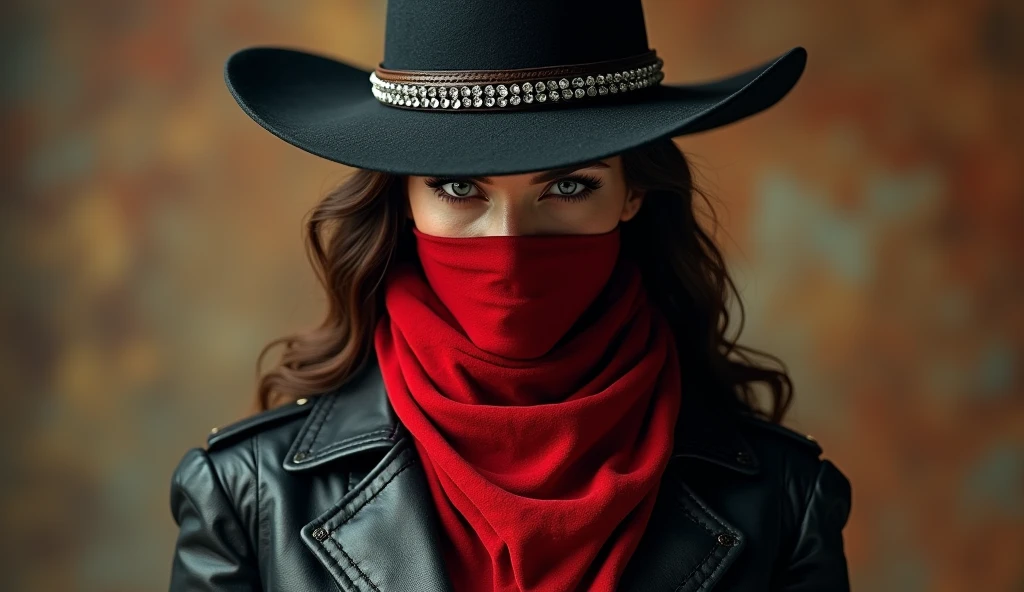 A captivating portrait of an enigmatic and shapely European woman lawman dressed in rugged cowboy attire. She dons awide-brimmed black hat adorned with silver ornaments and conceals her face with a bright red scarf, leaving only her intense, piercing eyes visible. Her dark jacket features intricate patterns, and a leather belt accentuates her bold image. The background is a mesmerizing blend of warm and neutral tones, evoking the rustic and tense atmosphere of an old western adventure., illustration, 3d render, fashion, dark fantasy, photo, anime, poster, vibrant, cinematic, painting, wildlife photographyLess