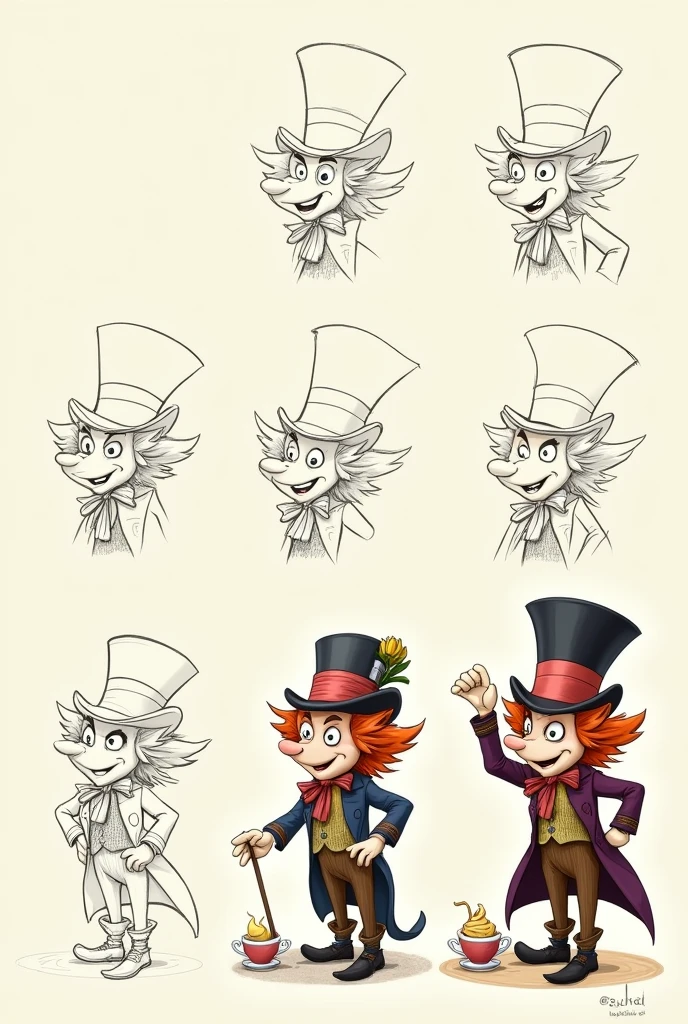 “Create an illustration divided into twelve boxes that show step by step the process of drawing the Mad Hatter from Alice's Adventures in Wonderland. Make sure that in each box the character is gradually completed, from a simple sketch to the final fully detailed and colored image. Don't draw everything at once; Each box should show clear, sequential progress in building the character.. Here are the stages:
1. Box 1: A very simple sketch, using only basic lines to sketch the head, The Mad Hatter's body and hat.
2. Box 2: Add the body structure, better defines the shape of the hat, and sketch the arms and legs, but without fine details.
3. Box 3: Complete the contour of the face, drawing eye positions, nose and mouth, beginning to define the characteristic expression.
4. Box 4: Give more details about the hat, including the '10 poster/6’, and perfects the overall shape of the hat.
5. Box 5: Add details to the face, like eyebrows, wrinkles and the mischievous smile, completing the Mad Hatter's expression.
6. Box 6: Start detailing the clothing, like the coat, the bow tie, and marks the folds and wrinkles in the clothes.
7. Box 7: Draw the hands and add accessories like a teacup or teapot, improving the overall structure of the body.
8. Box 8: Add some initial shading to start adding volume to the character, especially in the hat, the face and the coat.
9. Box 9: Increase shading, adding more depth and contrast, defining the areas of light and shadow.
10. Box 10: Apply the base colors to the entire character, with flat tones on the hat, clothes and skin.
11. Box 11: Detail the colors, adding tone variations, lights and shadows to give more realism to the character.
12. Box 12: Presents the final image, with all details and colors completed, showing the Mad Hatter from Alice's