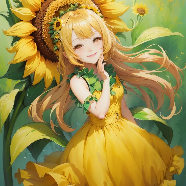 anime girl in yellow dress with sunflower in her hair, beautiful sunflower anime girl, [[[[grinning evily]]]], anime visual of a cute girl, splash art anime , official art, sunflower, zerochan art, rin, (anime girl), painted in anime painter studio, smiling as a queen of fairies