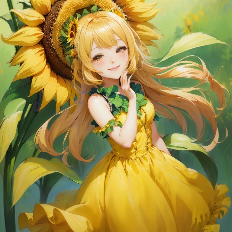 anime girl in yellow dress with sunflower in her hair, beautiful sunflower anime girl, [[[[grinning evily]]]], anime visual of a cute girl, splash art anime , official art, sunflower, zerochan art, rin, (anime girl), painted in anime painter studio, smiling as a queen of fairies