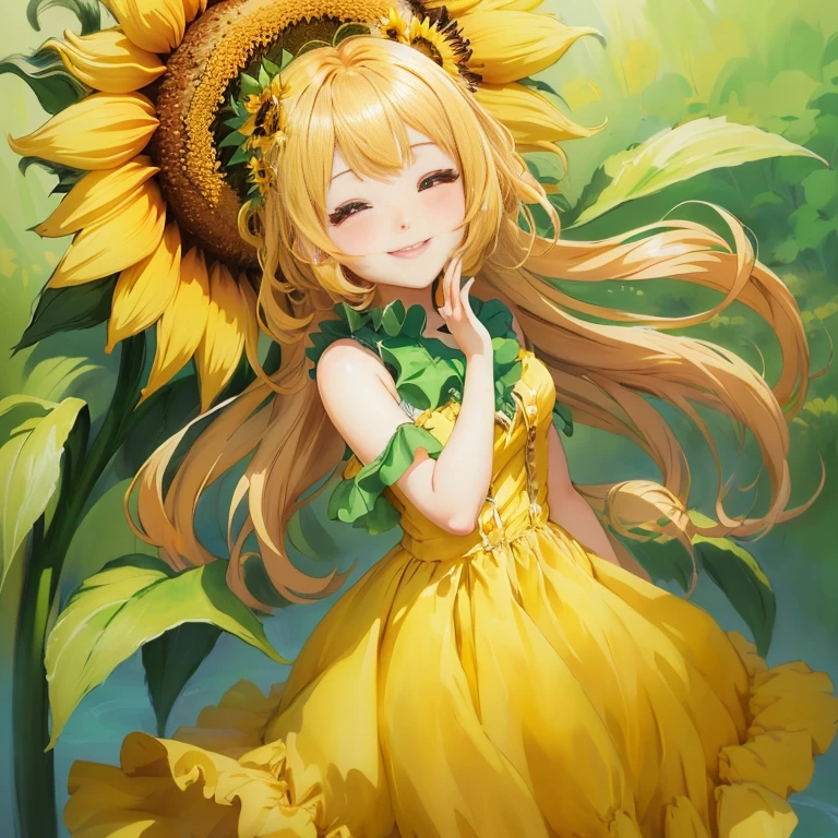 anime girl in yellow dress with sunflower in her hair, beautiful sunflower anime girl, [[[[grinning evily]]]], anime visual of a cute girl, splash art anime , official art, sunflower, zerochan art, rin, (anime girl), painted in anime painter studio, smiling as a queen of fairies