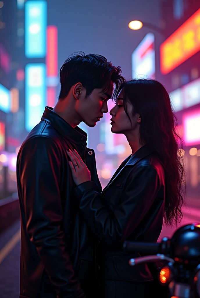 Photorealistic image of Kim Taehyung and Jeon Jungkook against the backdrop of a night city. They look at each other with passion and desire in their eyes.. Behind them stands a black sports motorcycle..