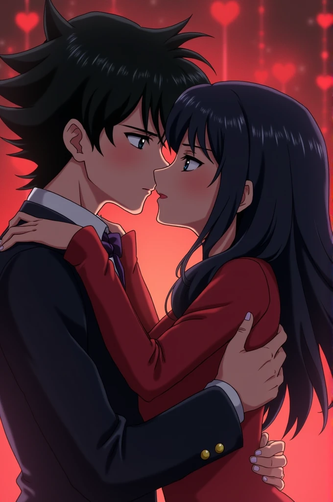 Yami Yugi and Kagome Higurashi with black hair during an intimate kiss