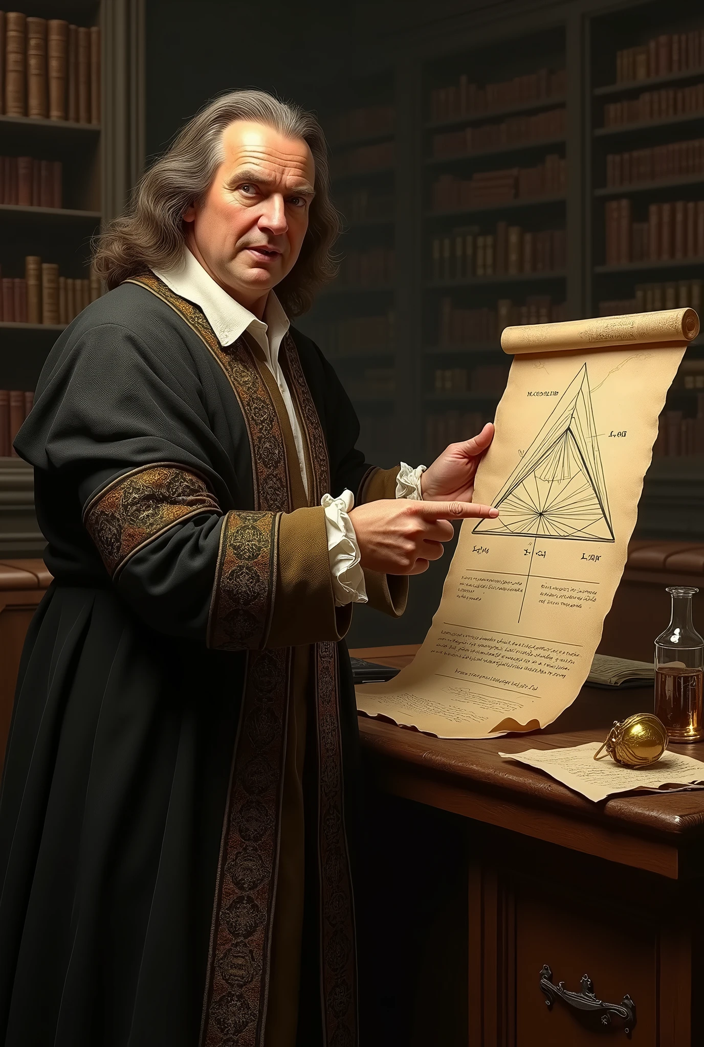 (Fermat with a drawn triangle)
Fermat: Meanwhile, I proposed that light always follows the fastest path between two points. That explains the refraction!