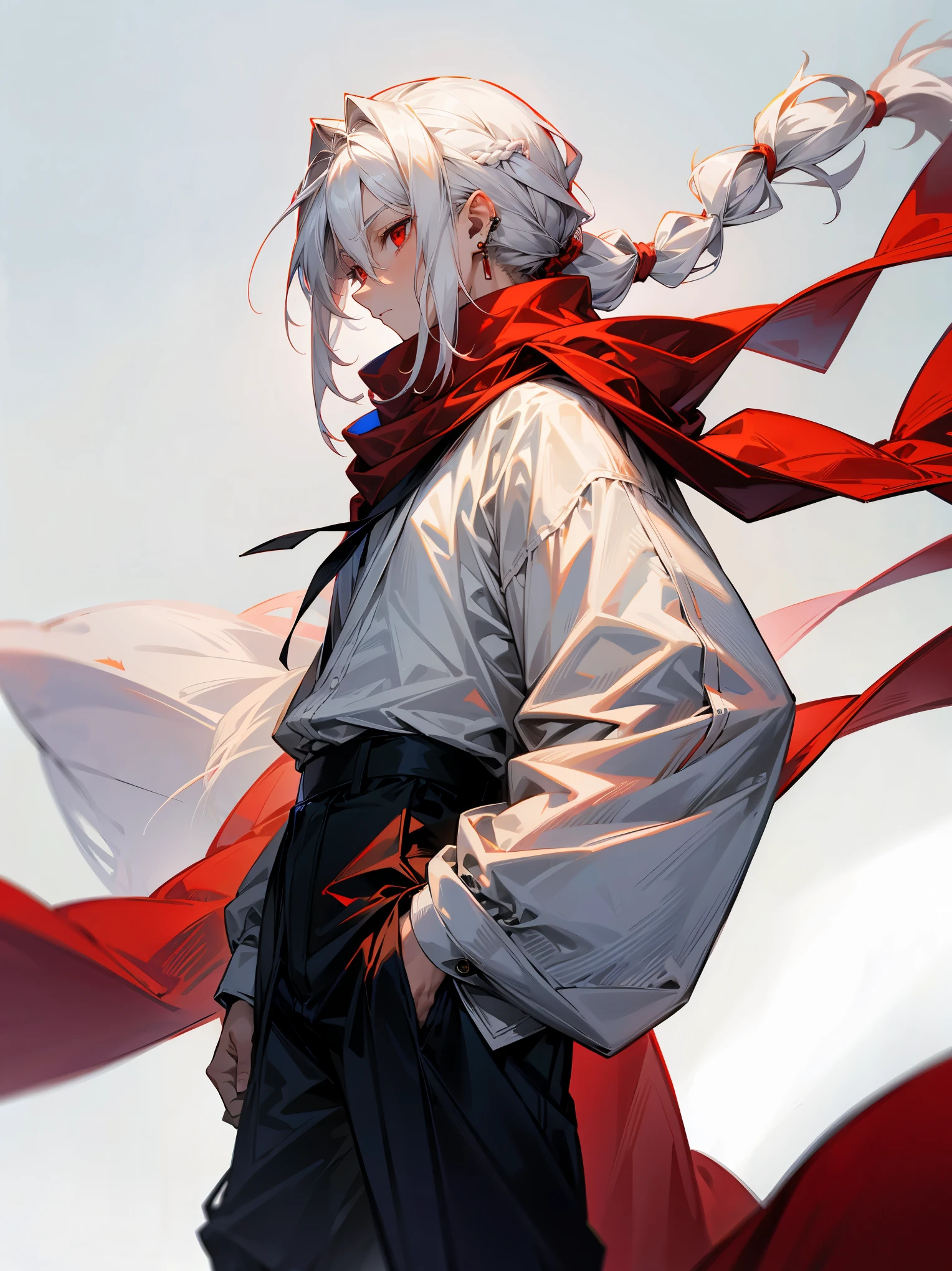 1male, Adult, Long White Hair, White Baggy Long Sleeve Shirt, Baggy Black Pants, Red Eyes, Red Scarf, Earring, Masculine, Single Hair Braid